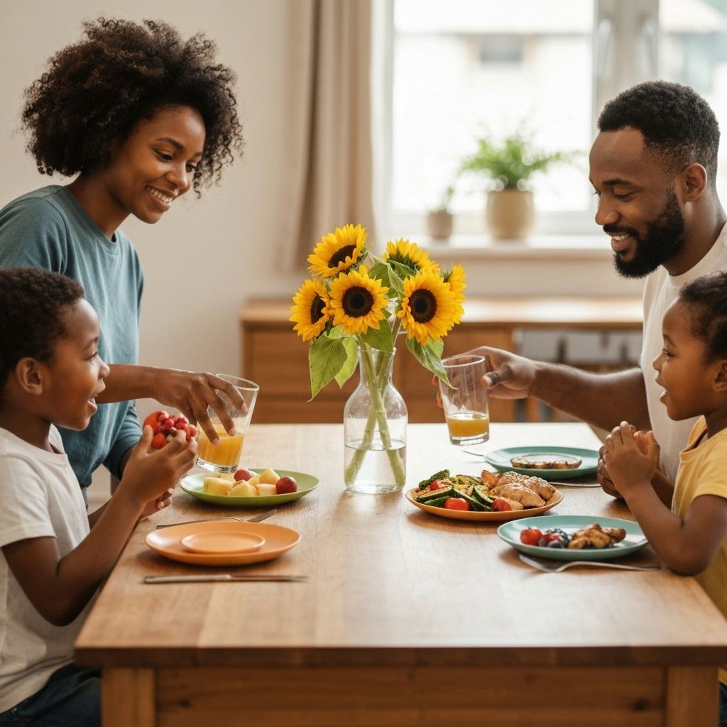 Black family enjoying healthy meal together