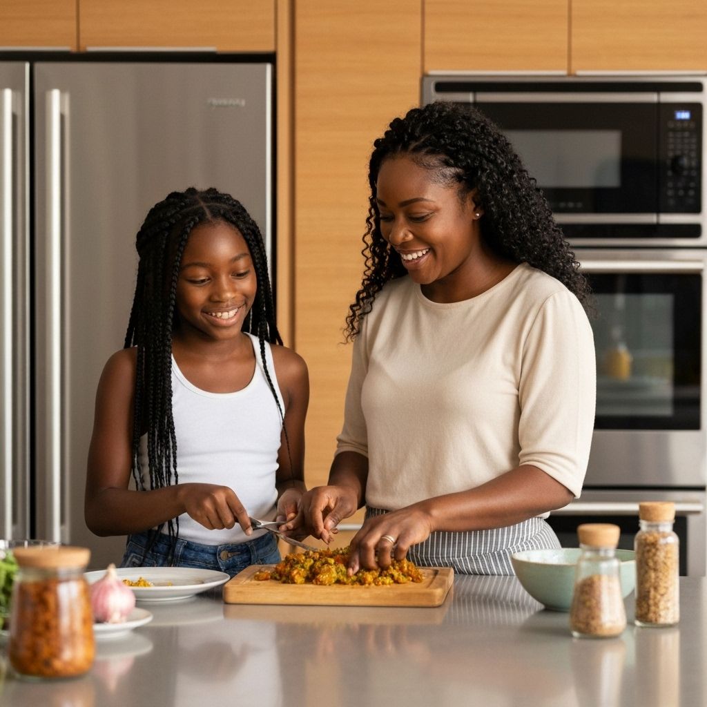 Black woman preparing traditional meal with daughter in kitchen