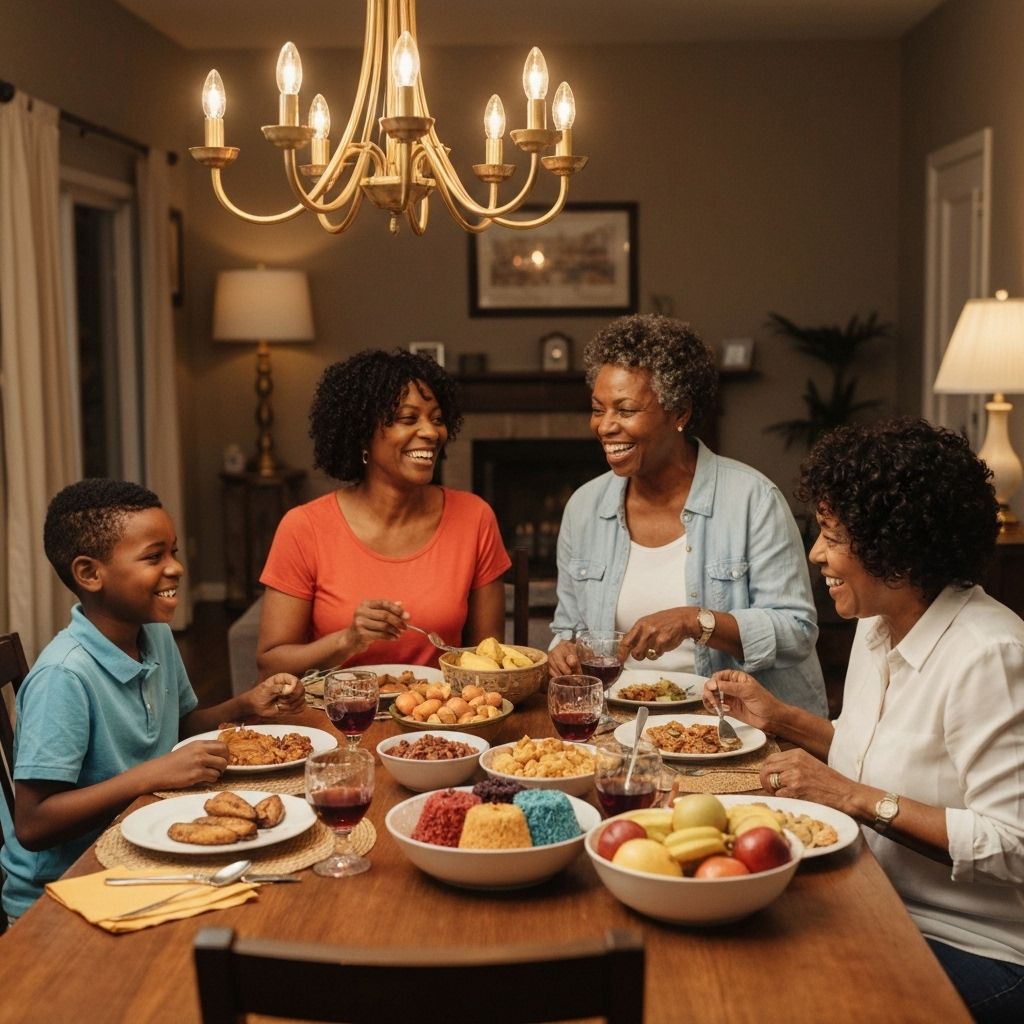 Diverse family enjoying healthy cultural meal together