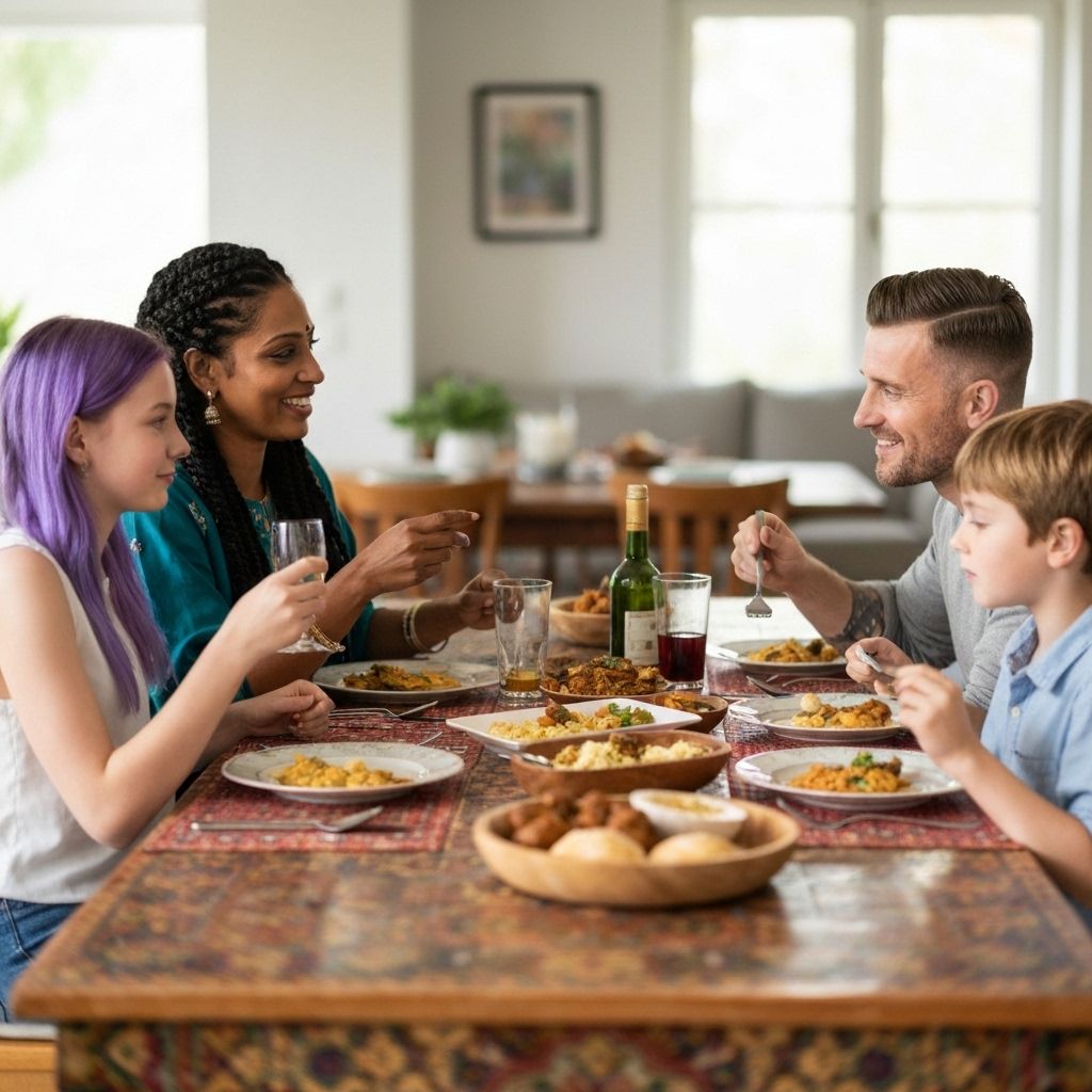 Diverse family enjoying healthy cultural meal together