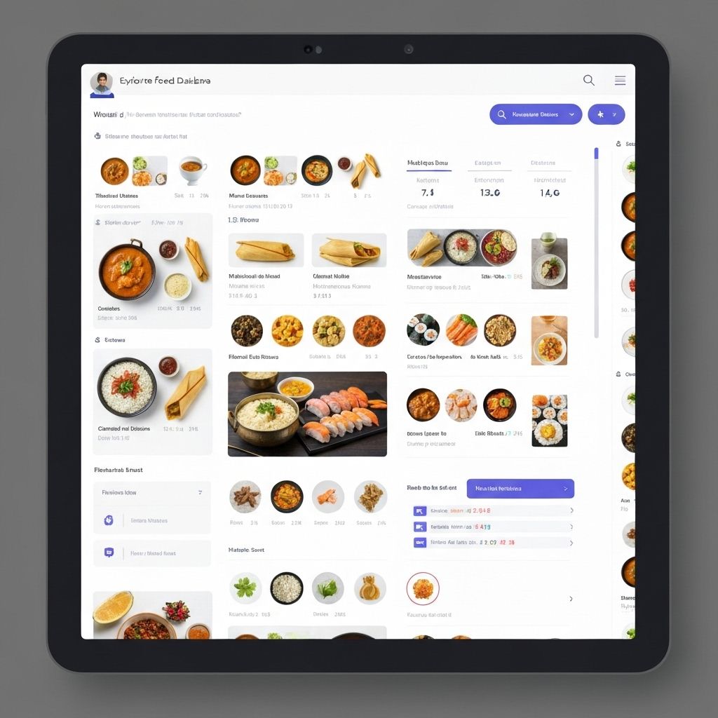 Digital interface showing global food database with diverse cultural cuisines